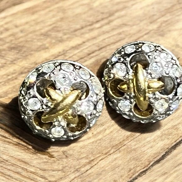 Vintage Jewelry - Gold and Silver Tone Button Rhinestone Stud Earrings